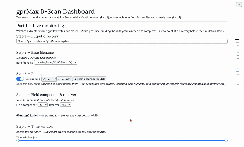 Watching a B-scan assemble trace by trace while the solver writes it
